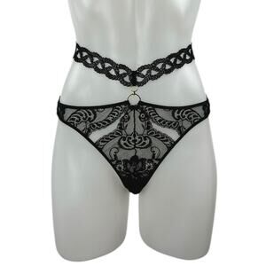 Aubade Womens Black Lace Strappy Crotchless Garter Belt Thong Underwear Panty S